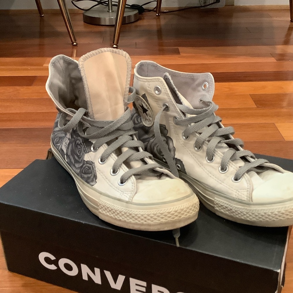Converse Gray and White High-Tops with Rose Design
